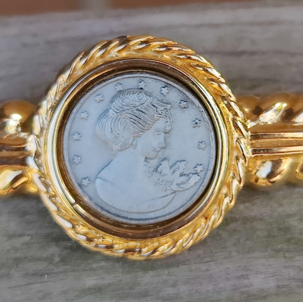 Vintage Coin Motif Bar Brooch - Gold and Silver - Picture 2 of 4